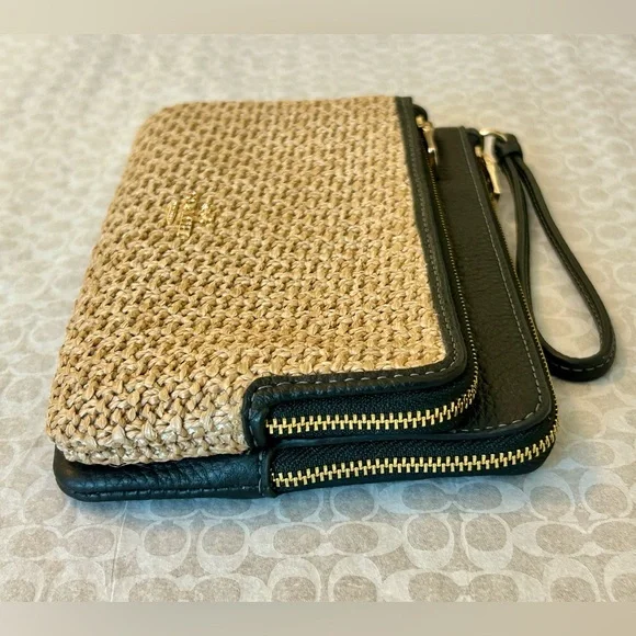 NWT COACH DOUBLE ZIP LARGE WALLET WRISTLET STRAW CAP26 LEATHER TOAST/BLACK - Picture 6 of 12